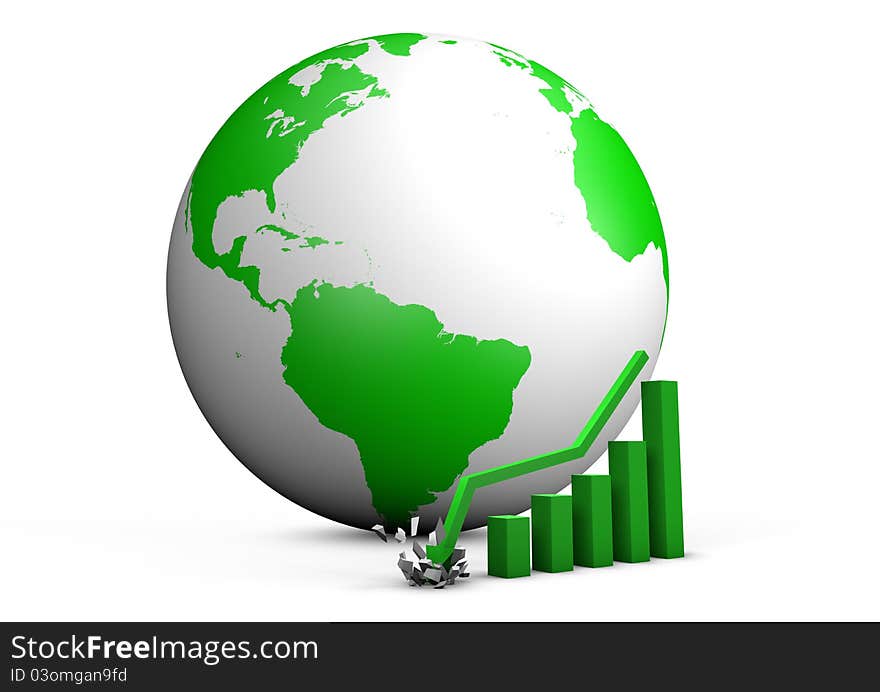 Render of a crashing bar graph and the world behind it. Render of a crashing bar graph and the world behind it