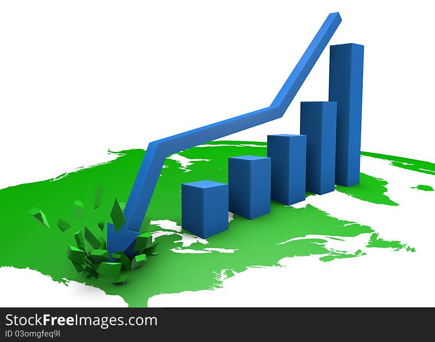 Render of a crashing bar graph on a map of north america. Render of a crashing bar graph on a map of north america