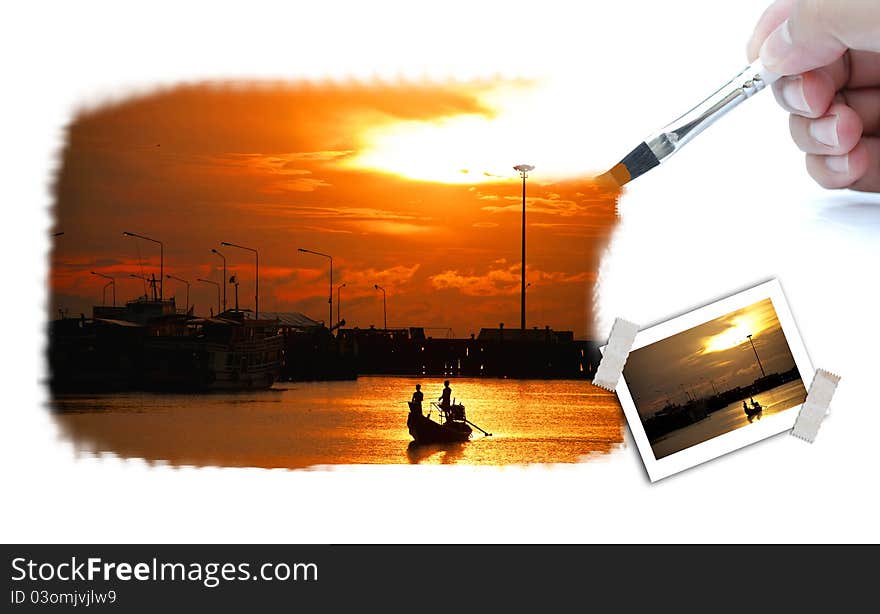 Illustration of landscape picture with paintbrush. Illustration of landscape picture with paintbrush.