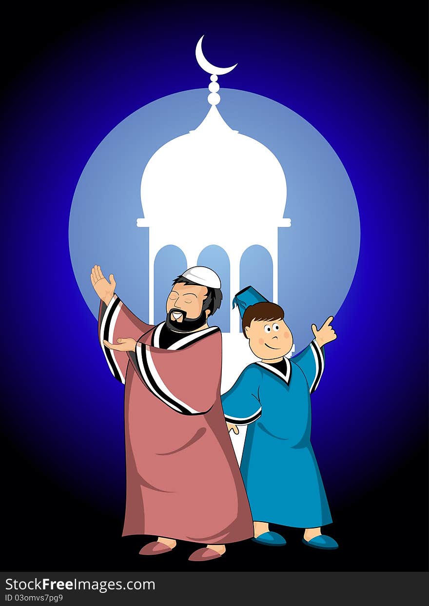 Mosque background with happy people indicating moon. Mosque background with happy people indicating moon