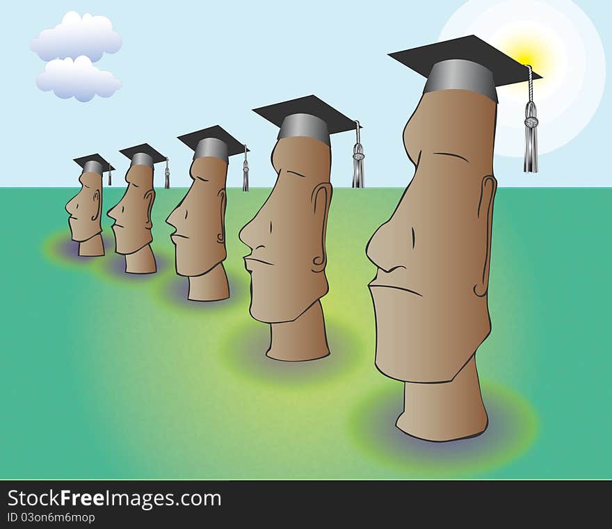 A line of Easter Island Moai face the future at their commencement ceremony, appropriately garbed in cap (but no gown!). A line of Easter Island Moai face the future at their commencement ceremony, appropriately garbed in cap (but no gown!).