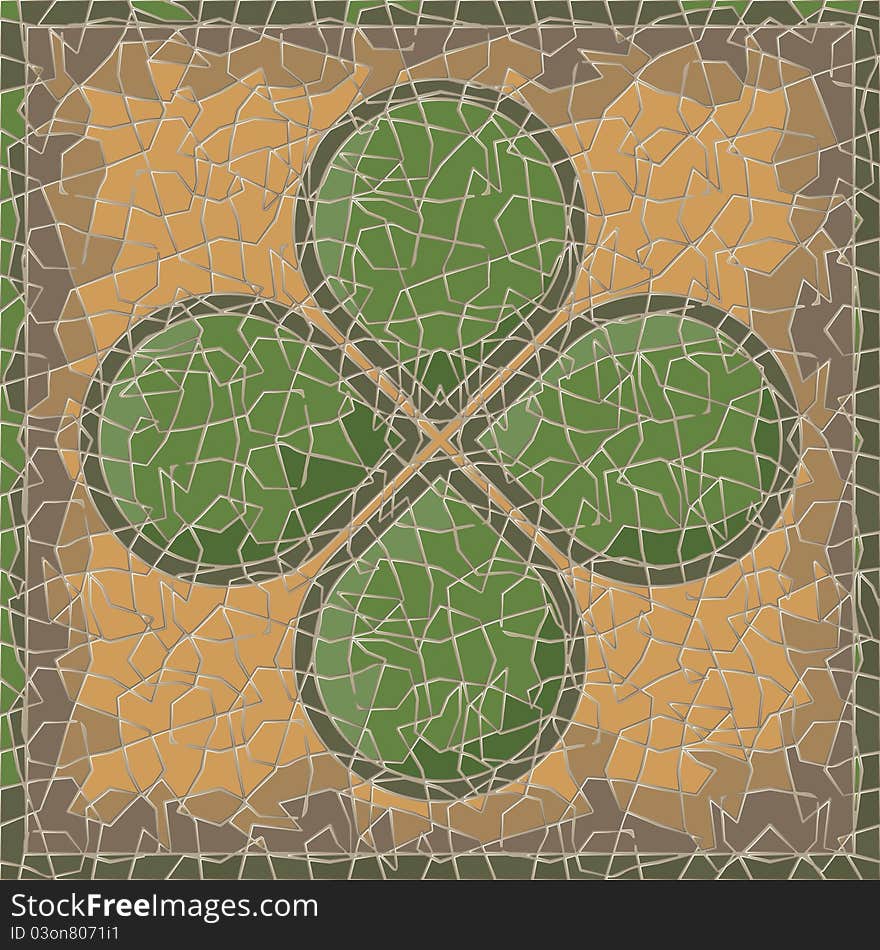 Cracked antique mosaic panel with clover. Cracked antique mosaic panel with clover