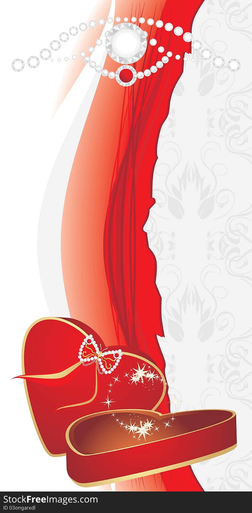 Red box with shining strasses on the decorative background. Holiday banner. Illustration. Red box with shining strasses on the decorative background. Holiday banner. Illustration