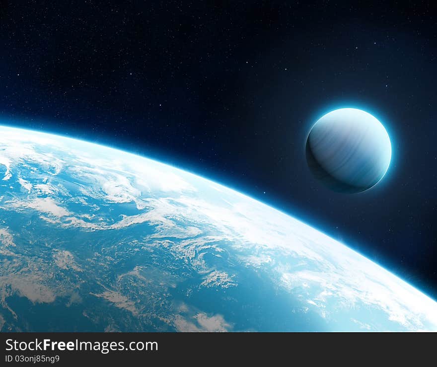 Space illustration. The blue horizon of a water planet with clouds, and a gas planet on the background dark space.