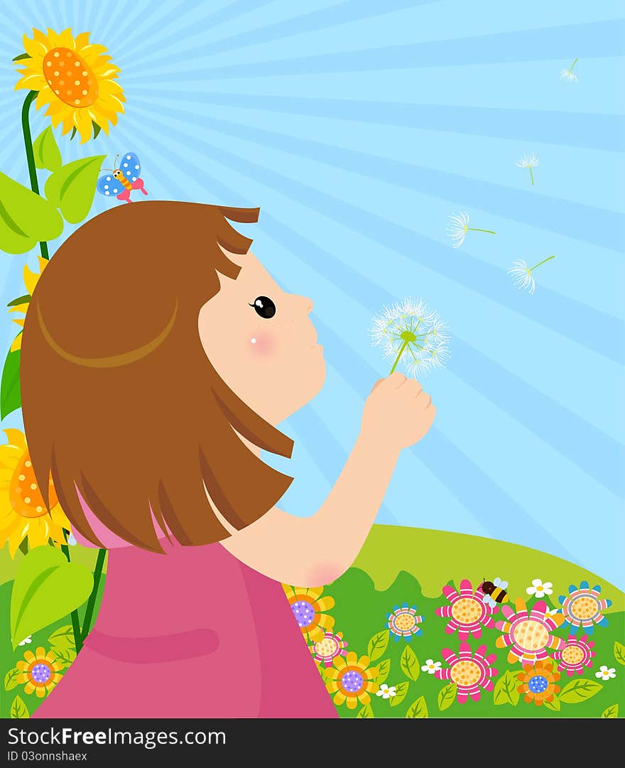A girl blowing dandelion Illustration