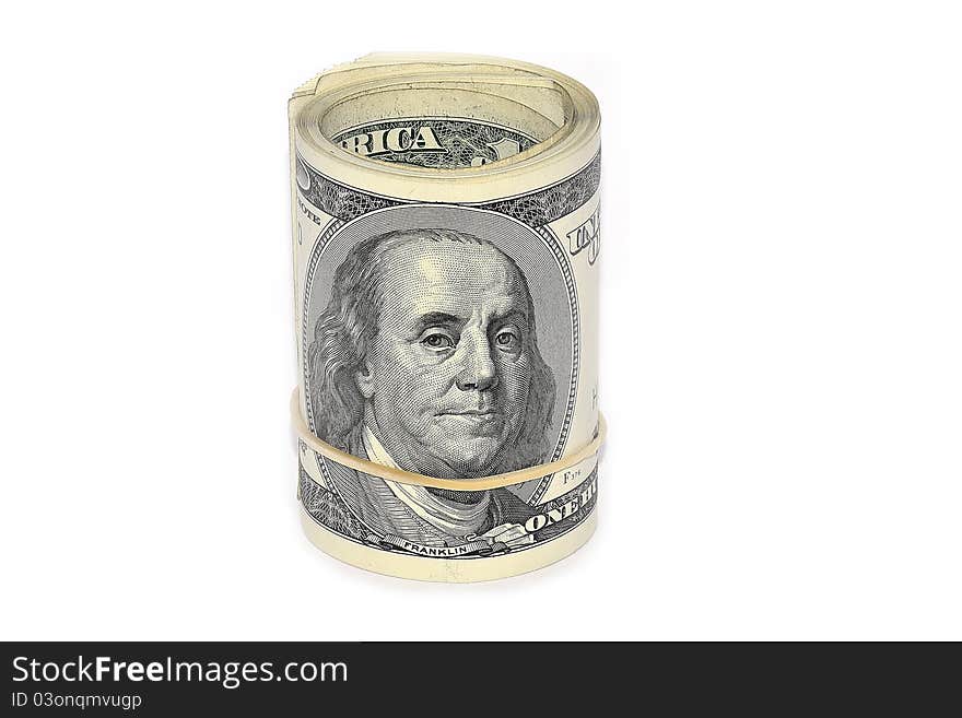 Roll of american dollars on a white background. Roll of american dollars on a white background