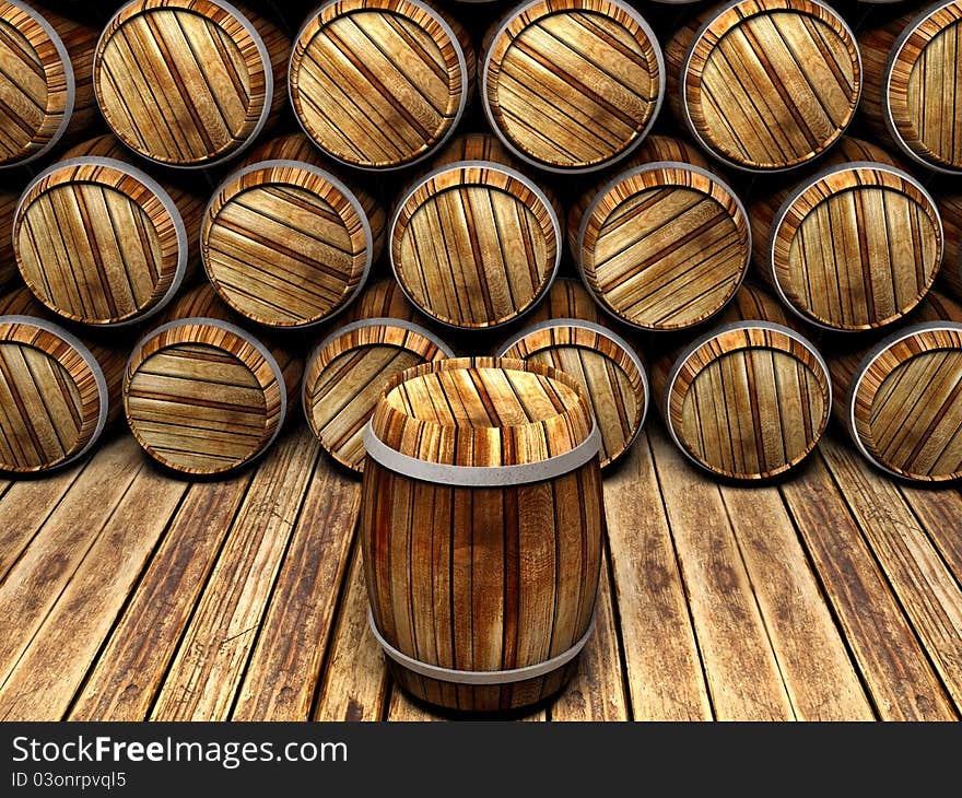 Wall of wooden barrels background