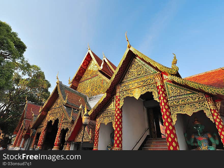 Unique temple architecture commonly found in Thailand and Southeast Asia.