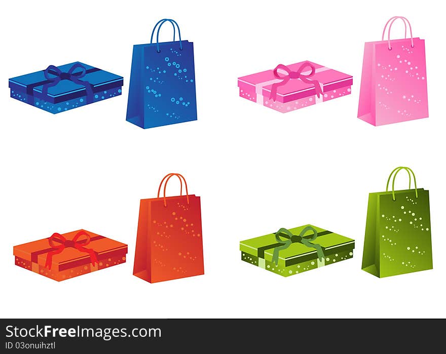 Gift boxes and shopping bags in four colors. Gift boxes and shopping bags in four colors