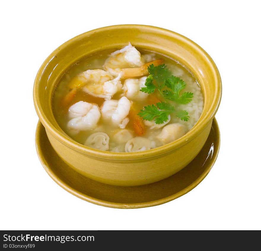 Thai style boiled rice with shrimps and mushroom asian style breakfast