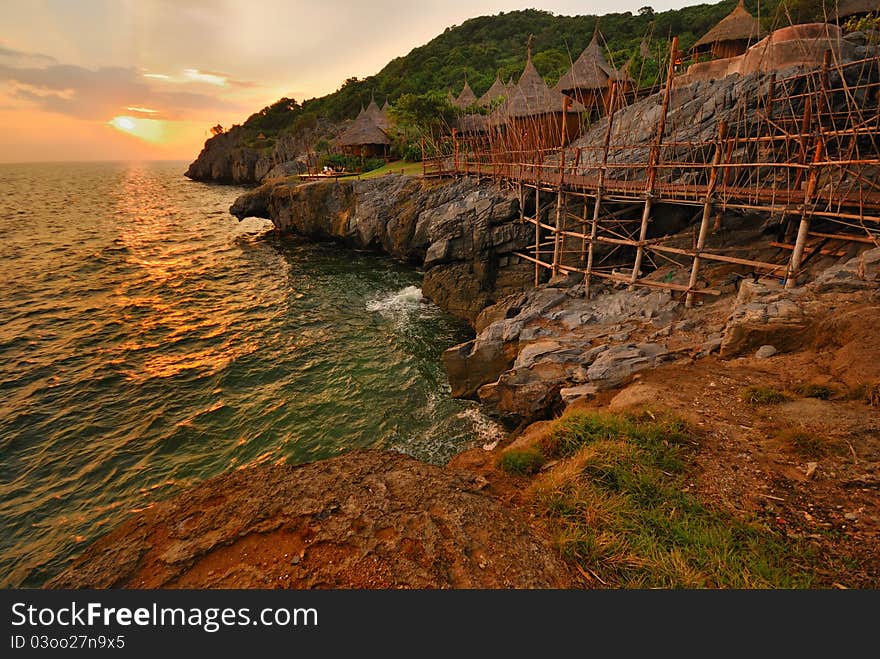 The hut with sunset at bay