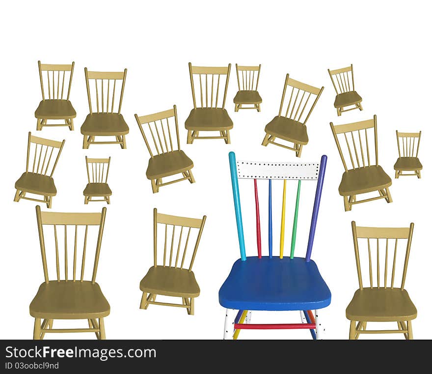 A group of many brown chairs of varying sizes, and one chair painted in a variety of colors.  Concept of “stand out in a crowd”.  Isolated on white. A group of many brown chairs of varying sizes, and one chair painted in a variety of colors.  Concept of “stand out in a crowd”.  Isolated on white.