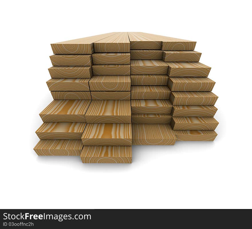 A stack of pine boards on a white background. 3d rendering