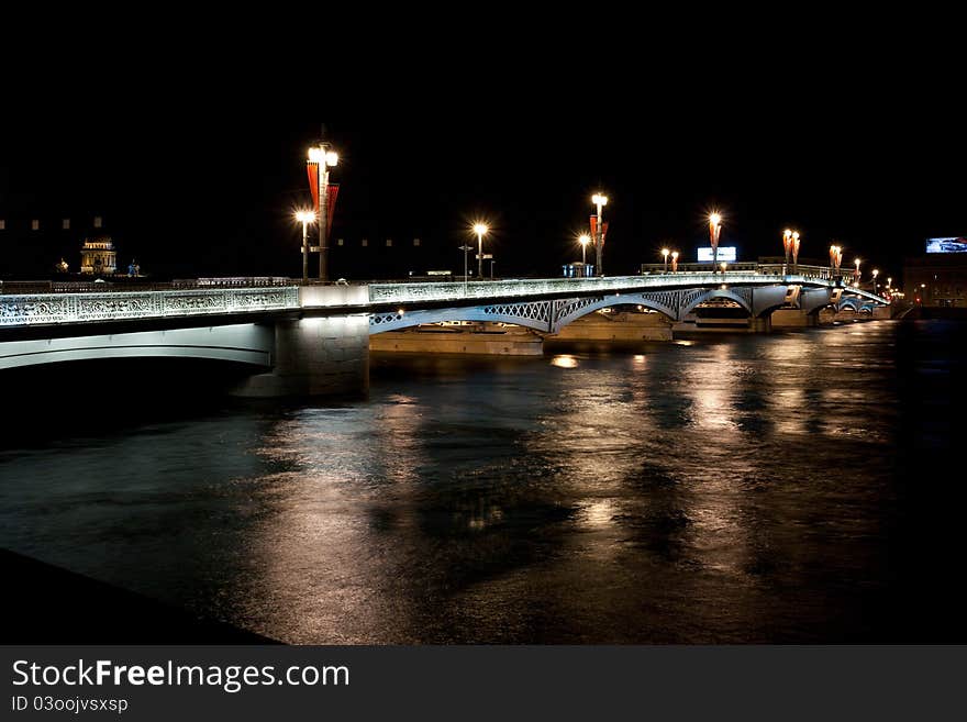 Night St.Petersburg with light bridge, black water and dark sky, post card of the city's view