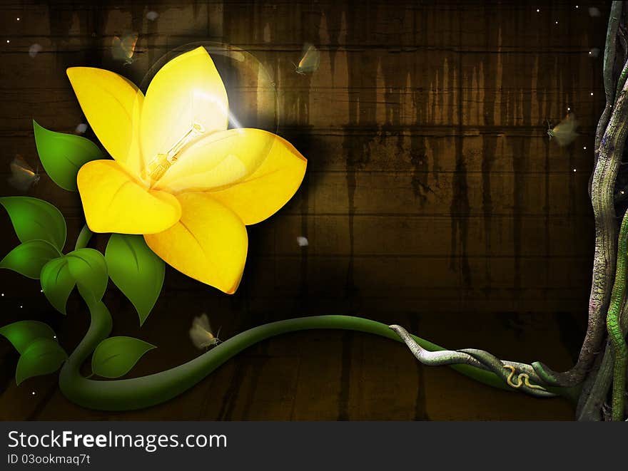 Yellow Flower with a Light Bulb growing and shining, in a wet wood room