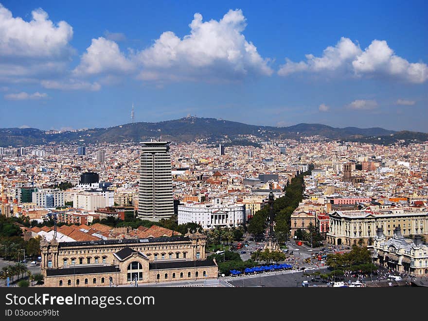 Aerial view of La Rambla of Barcelona, Spain. Aerial view of La Rambla of Barcelona, Spain