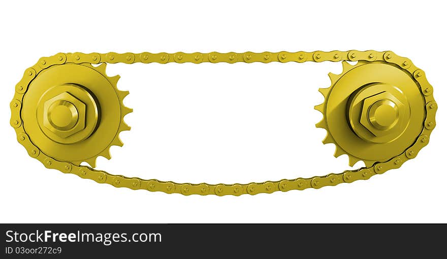 Gold chain Transmission: chain and two wheels. 3d rendering