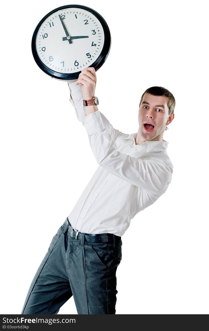 Portrait of a young man holding a clock. Portrait of a young man holding a clock