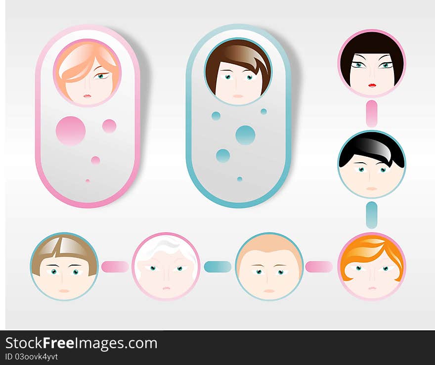 Set of different circle faces of men and women. Set of different circle faces of men and women