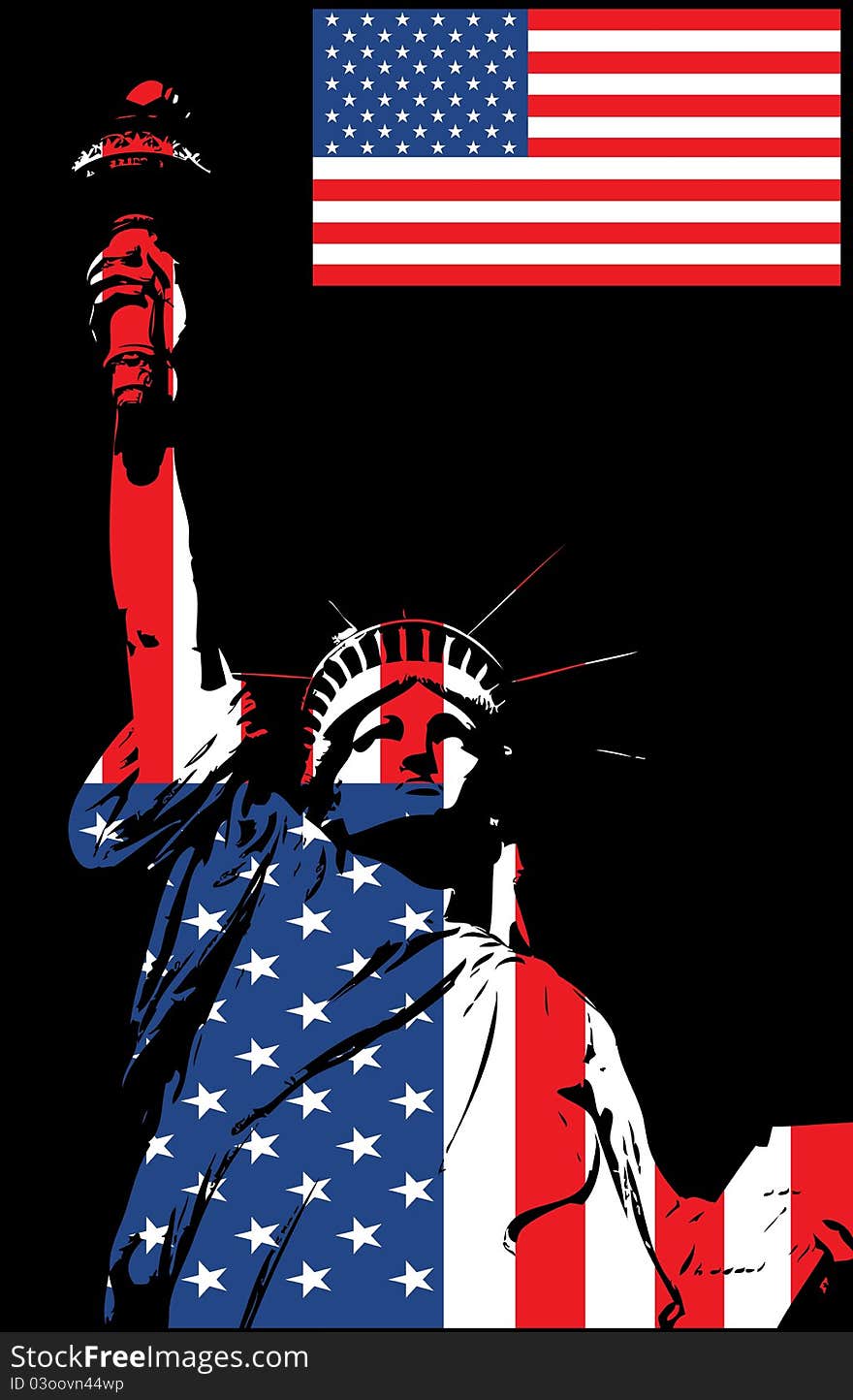 Statue of Liberty, illustration with flag on the black background