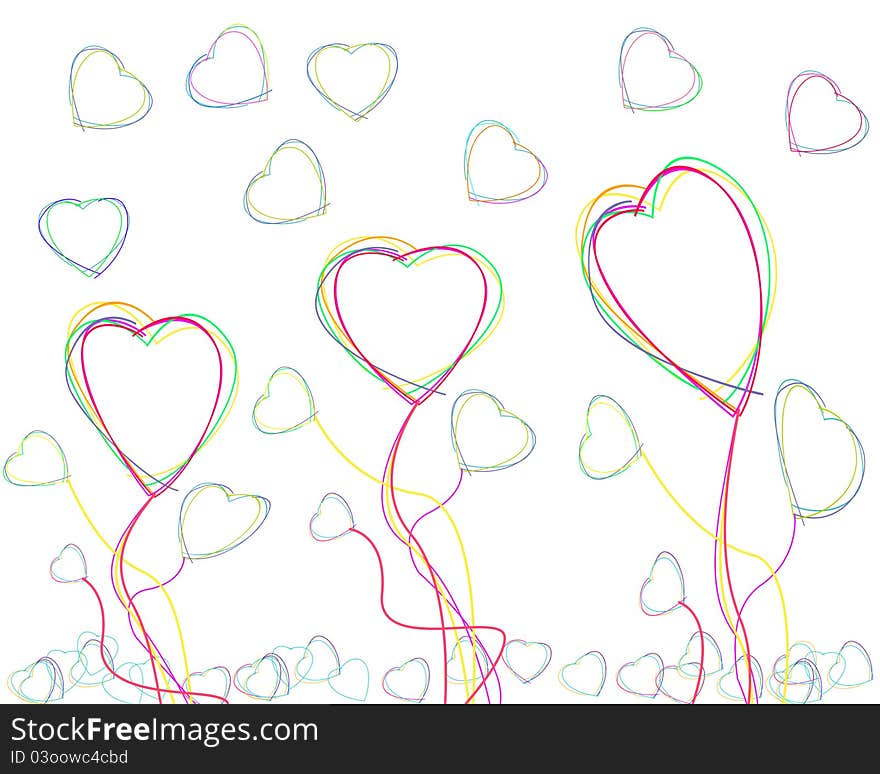 Flying crayon hearts colored different. Flying crayon hearts colored different