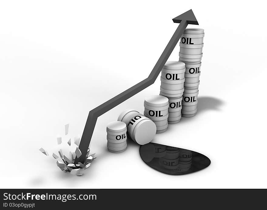 Render of a booming oil graph with oil drums.