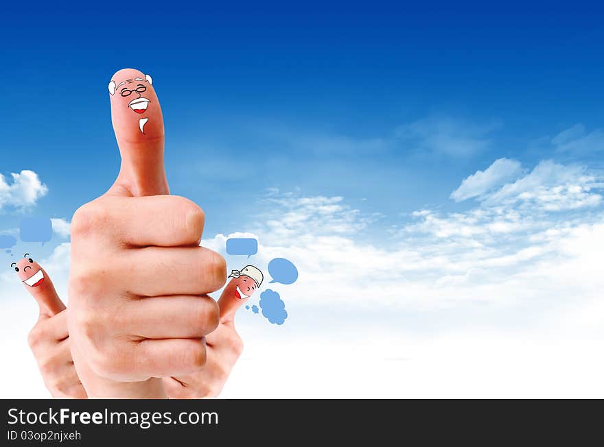 Social network concept of Happy group of finger faces with speech bubbles. Social network concept of Happy group of finger faces with speech bubbles