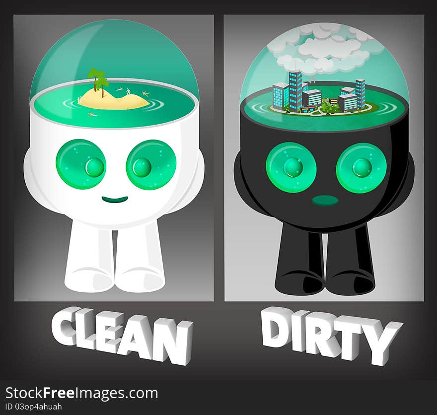 Cute Water head robots illustration with environment clean and dirty in his heads