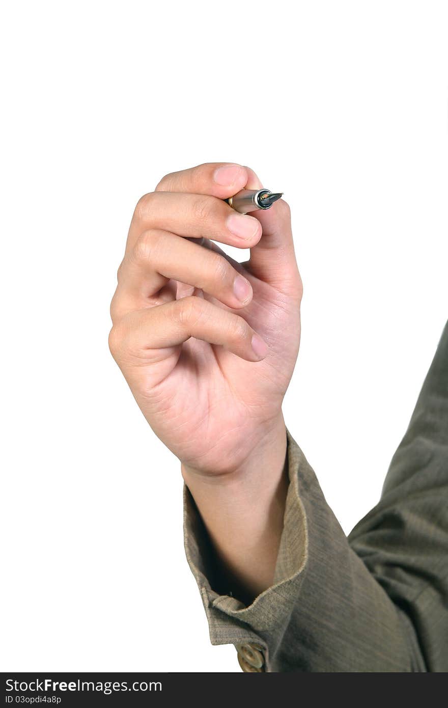 Male hands with pen on white background