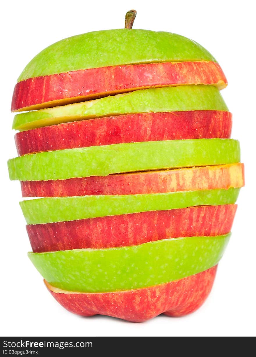 Sliced red and green apples on a white background