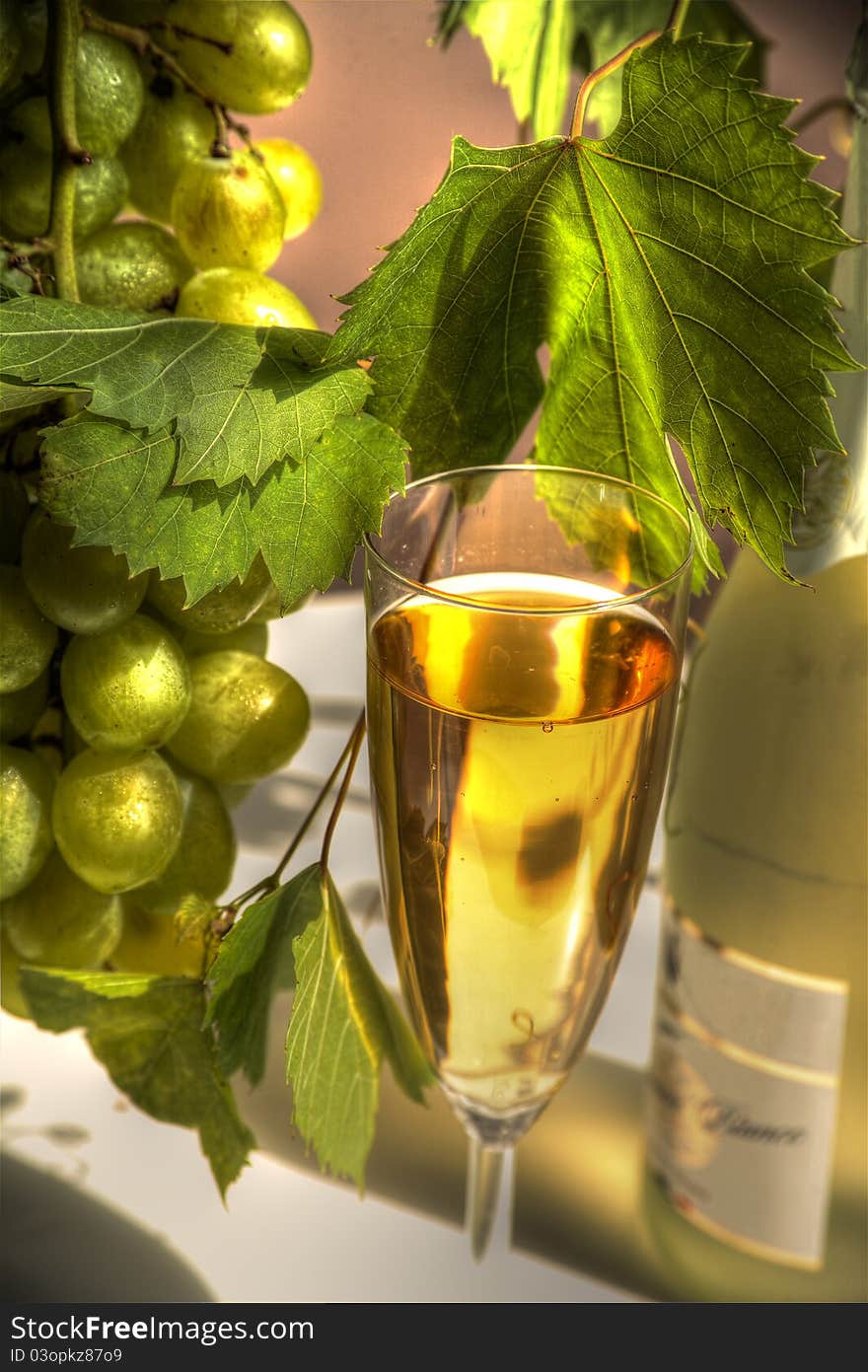 Close-up of champagne in glass,grapes and grapevine. Close-up of champagne in glass,grapes and grapevine.