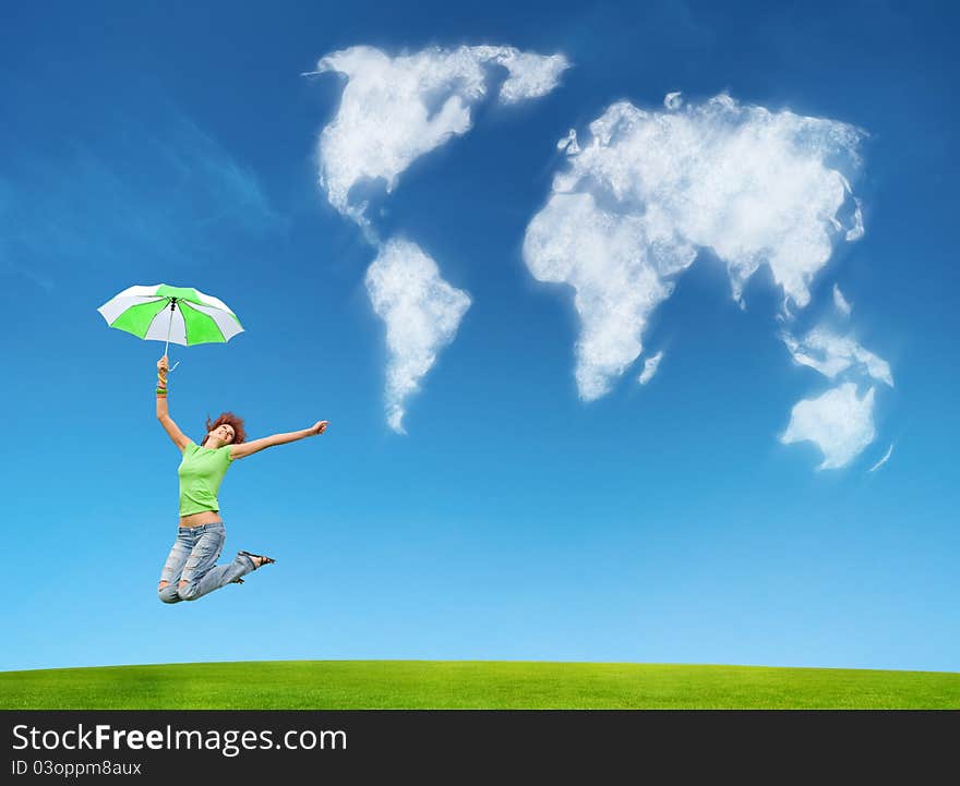 A woman with umbrella on earth background. A woman with umbrella on earth background