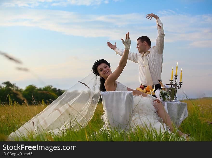 Bride and groom at wedding table on the field. Bride and groom at wedding table on the field