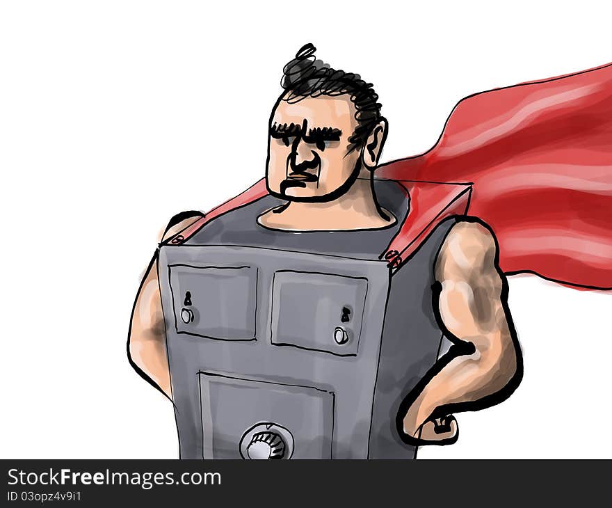 Cartoon image representing safe-man superhero