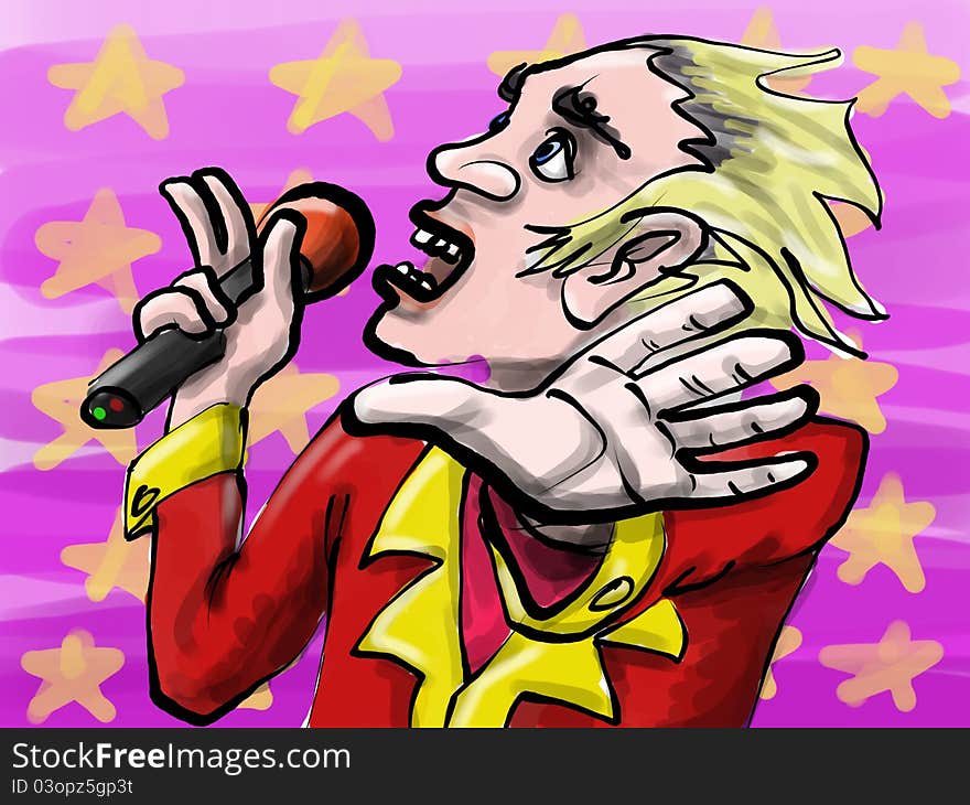 Cartoon image representing pop star singer performing his show