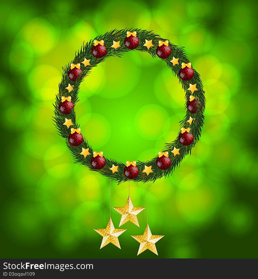 Christmas wreath with red and gold decorations and hanging stars on a glowing green background. Christmas wreath with red and gold decorations and hanging stars on a glowing green background