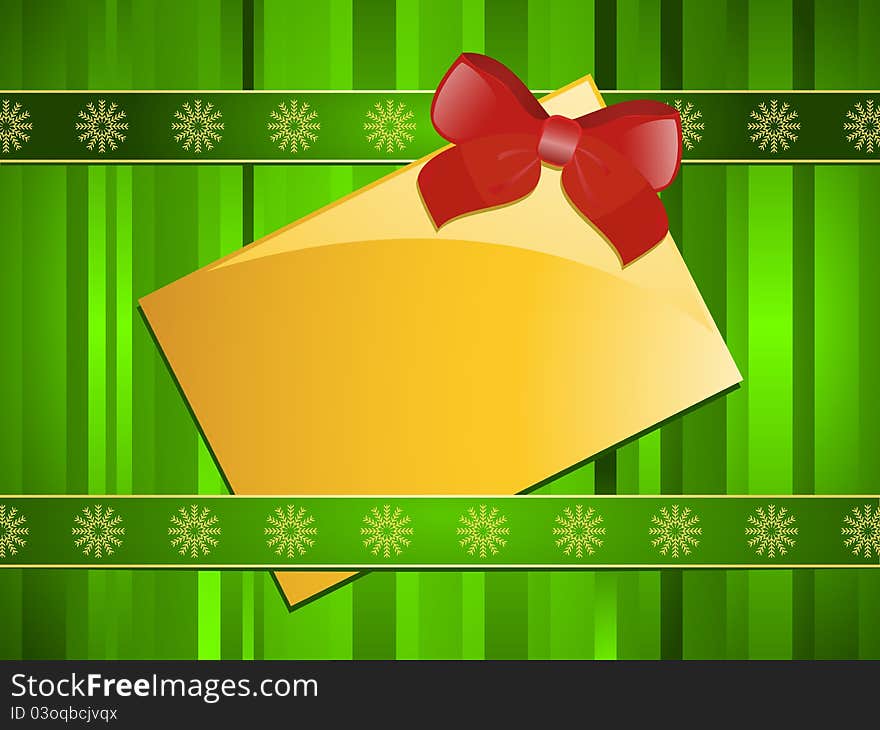 Gold Christmas gift tag with a red ribbon on on a green stripe background with green and gold ribbons. Gold Christmas gift tag with a red ribbon on on a green stripe background with green and gold ribbons