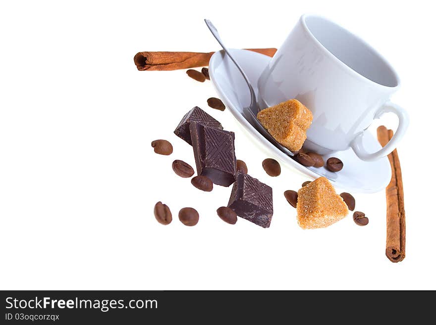 Coffee beans, cup, isolated on white background