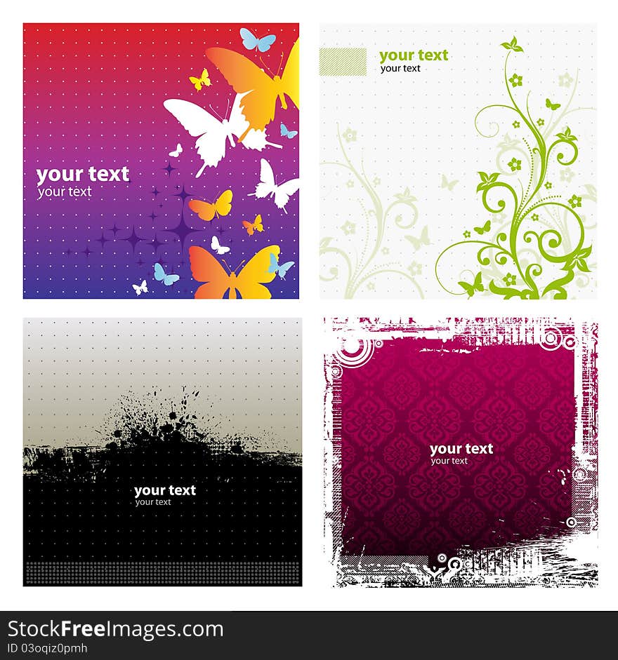 4 Grunge Banner Floral Background Vector. Eps