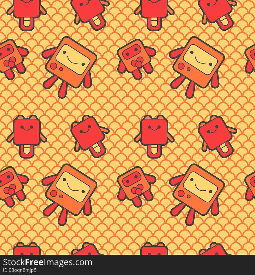 Seamless cute robots background illustration with ornament