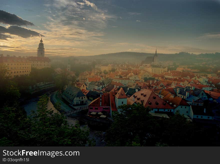 View across the misty historical center of Cesky Krumlov. View across the misty historical center of Cesky Krumlov