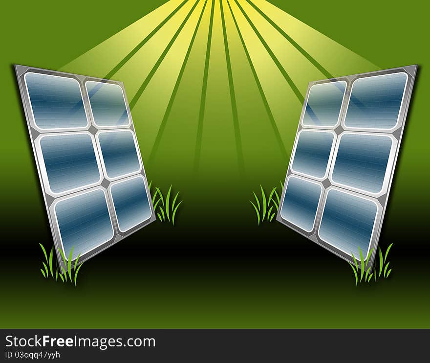 Solar panels and sun sending rays