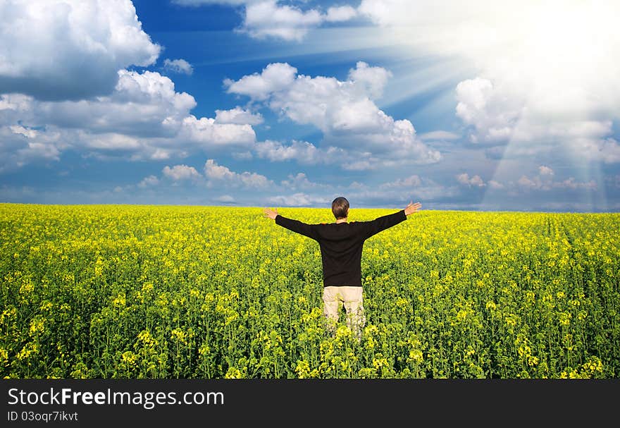 Man in meadow. Emotional scene.