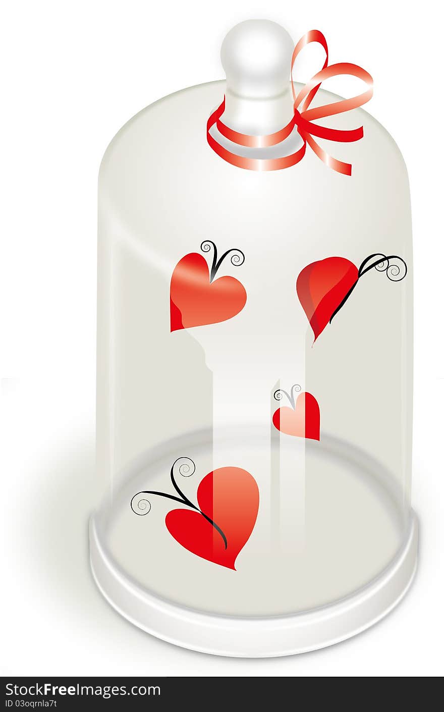 Glass case with flying hearts inside. Glass case with flying hearts inside