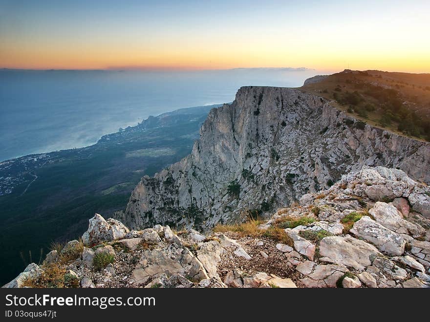 Sunset in mountain. Nature composition.