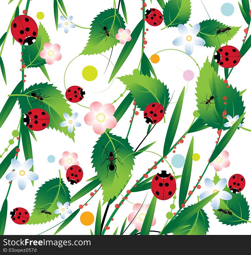 Ladybirds and ants on a bright floral background. Ladybirds and ants on a bright floral background