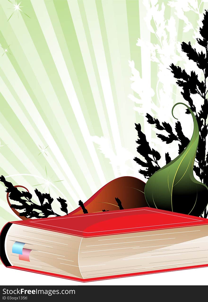 Book in red cover on the medicinal plants background. Book in red cover on the medicinal plants background