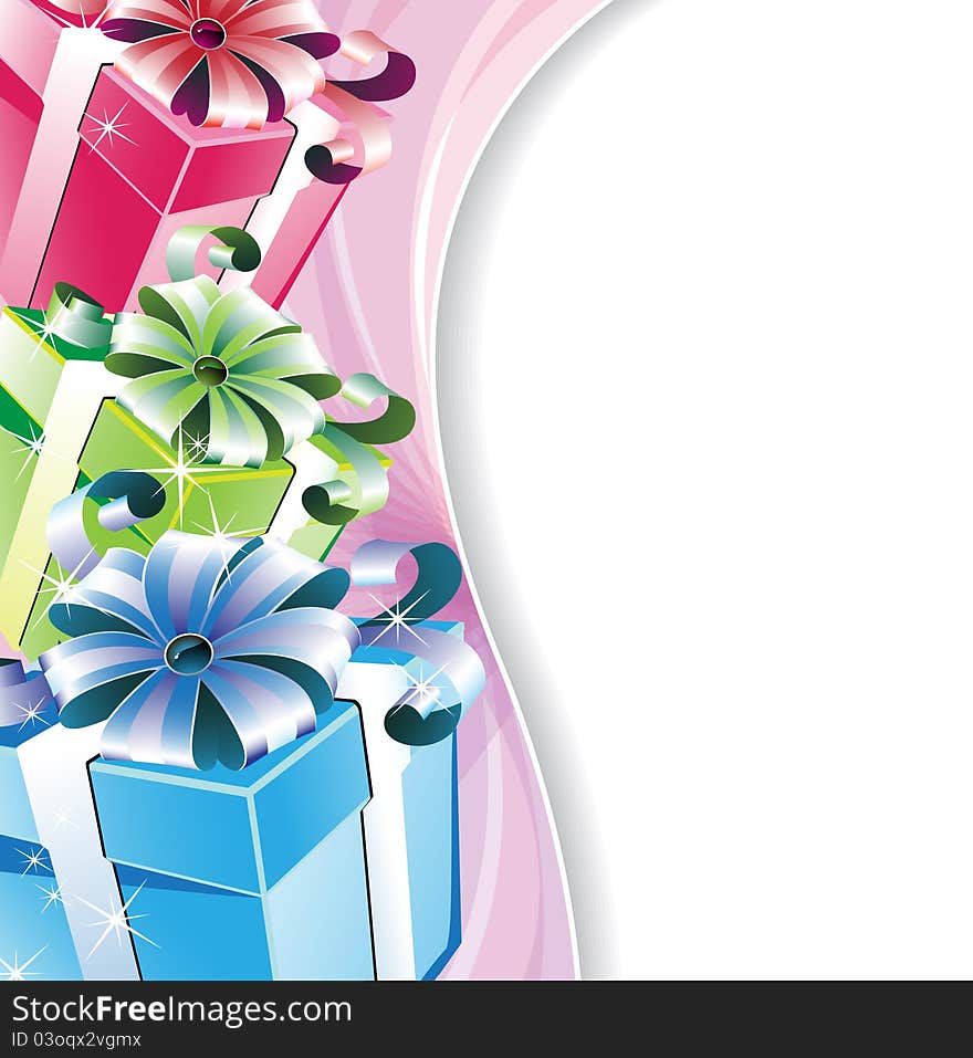 Three brilliant gift with ribbons on a pink background. Three brilliant gift with ribbons on a pink background