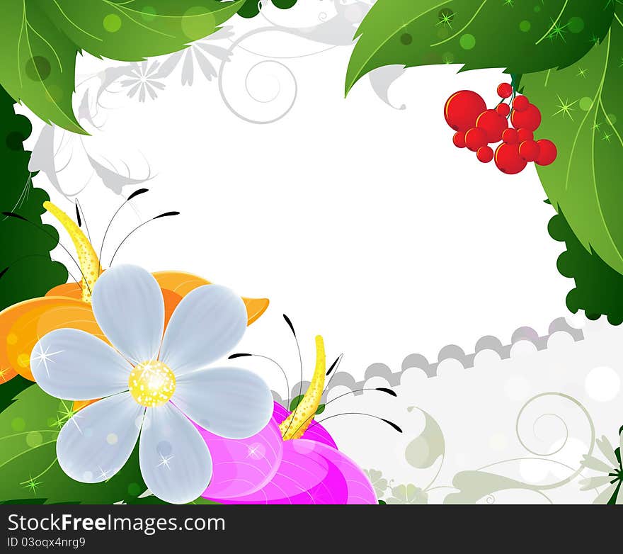 Bouquet of wild flowers and ripe berries. Greeting card.