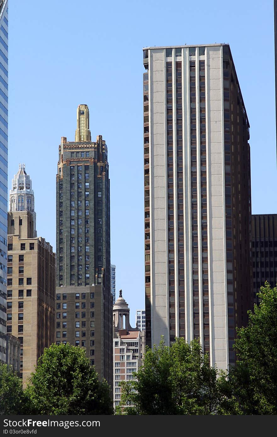 Skyscrapers on a street in downtown Chicago.